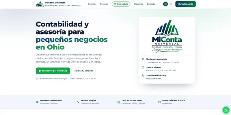 Página de inicio del sitio web de Mi Conta Universal, despacho de contabilidad en Cincinnati, Ohio